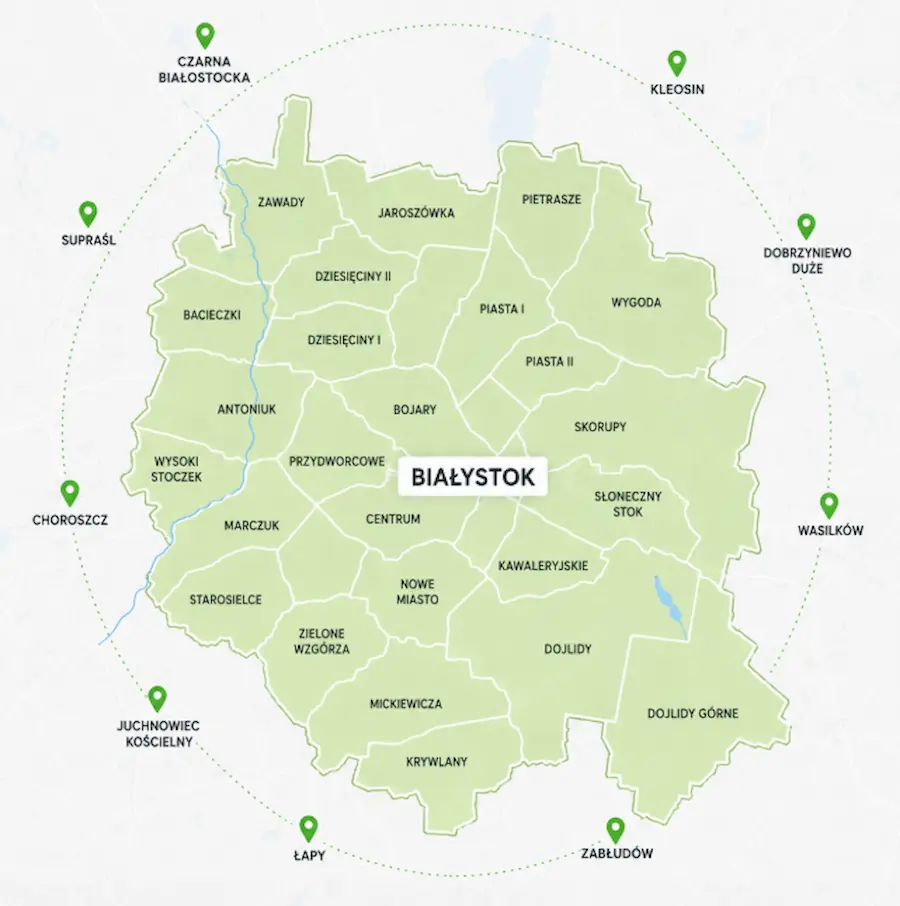 Mapa z obszarem Działania Przedstawiciela Raypath Białystok, wszystkie osiedla Białegostoku oraz miejscowości do około miasta