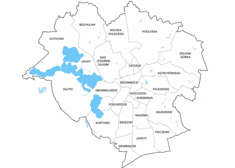 Mapa Olsztyna podzielona na dzielnice